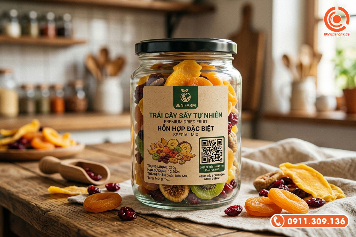 Mẫu tem nhãn dán trái cây sấy tích hợp mã QR