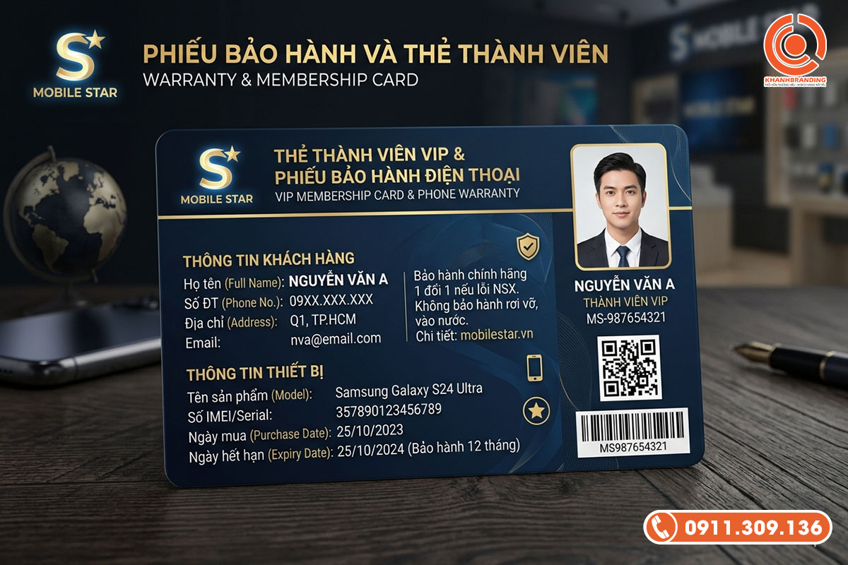 Mẫu phiếu bảo hành điện thoại tích hợp thẻ thành viên