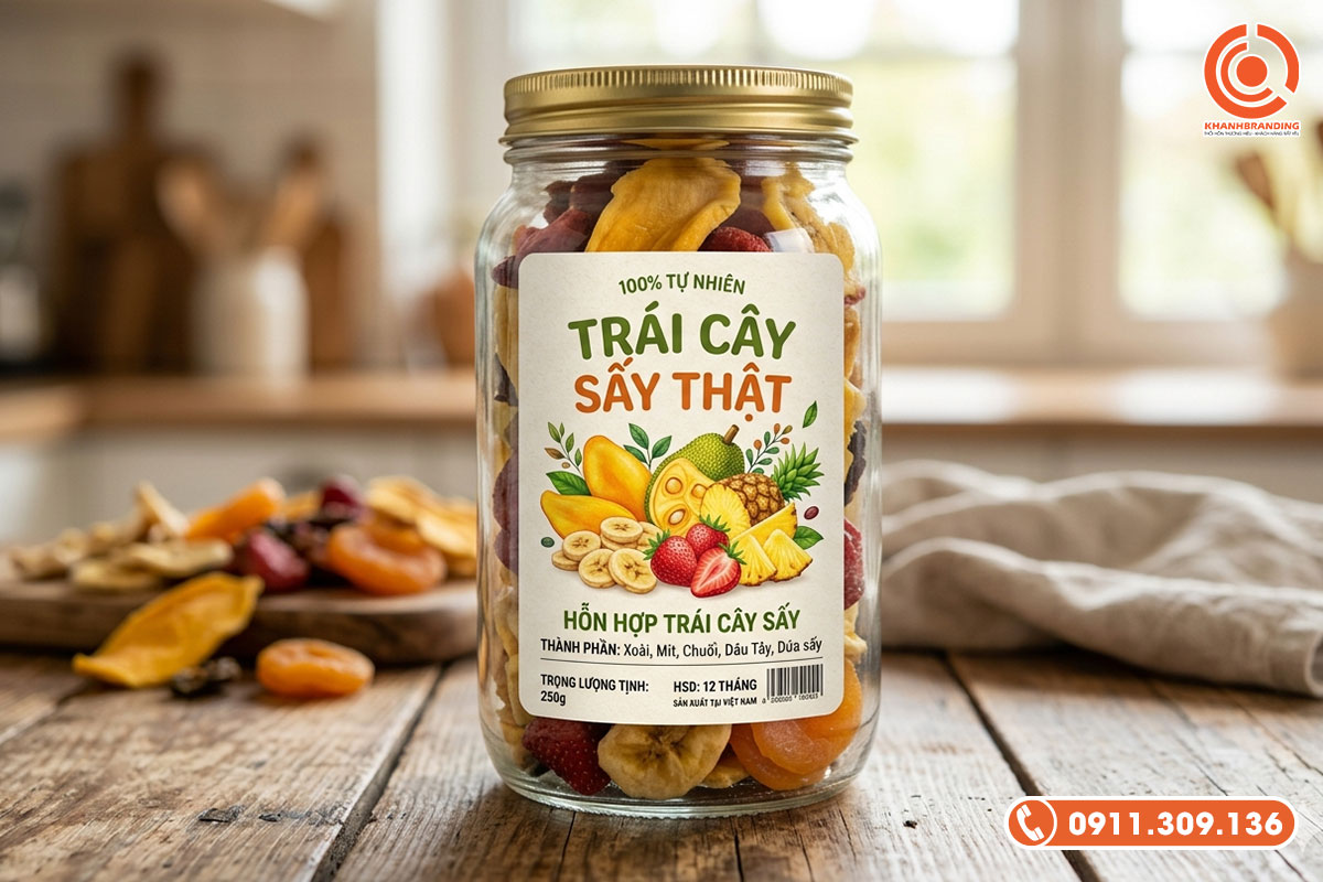 tạo hình ảnh Mẫu tem minh họa hình ảnh trái cây thật dán lên hũ trái cây sấy