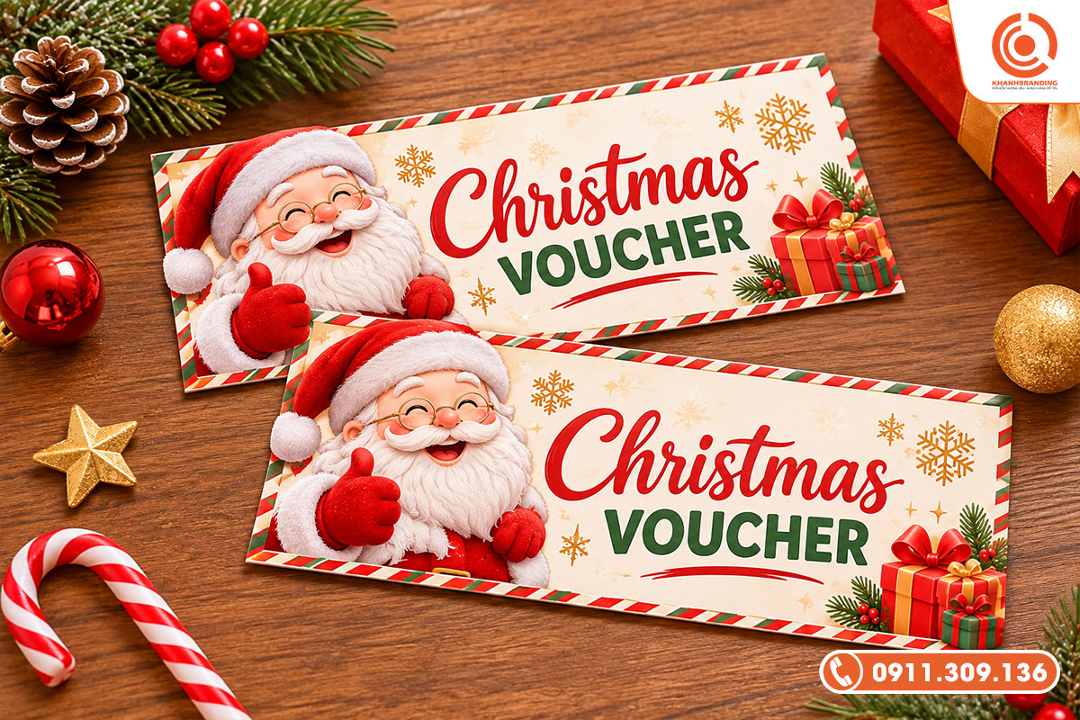 Voucher Giáng sinh với hình ảnh ông già Noel và hộp quà